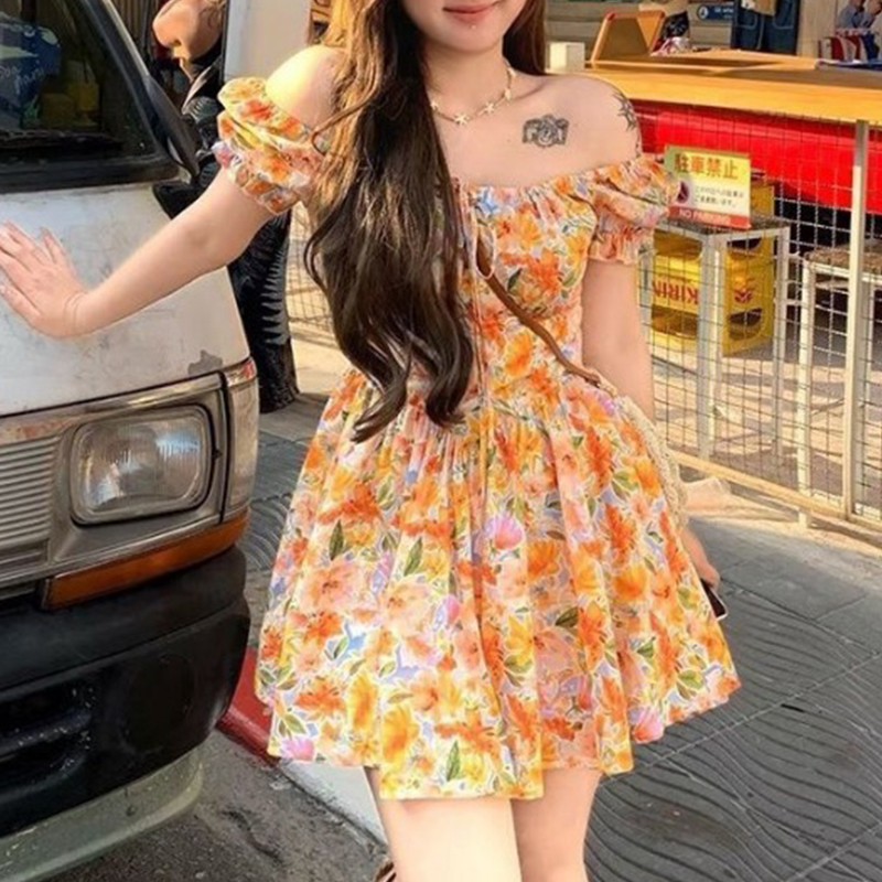 Off Shoulder Puff Sleeve Sundress - Womens Orange Floral Print Off Shoulder
