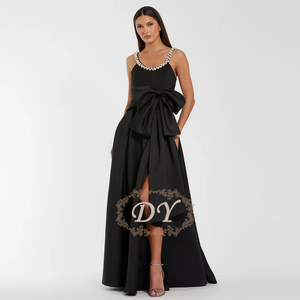 Elegant Satin Evening Gown Split - DY Elegant Pearls Black Wedding Prom