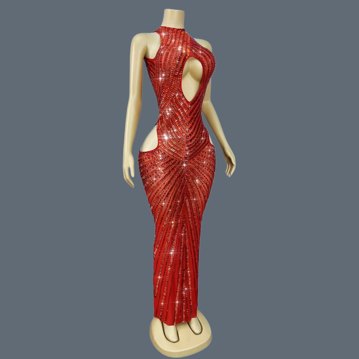 Sparkly Rhinestone Club Party Dress - Luxury Red Rhinestone Hollow Out Mermaid