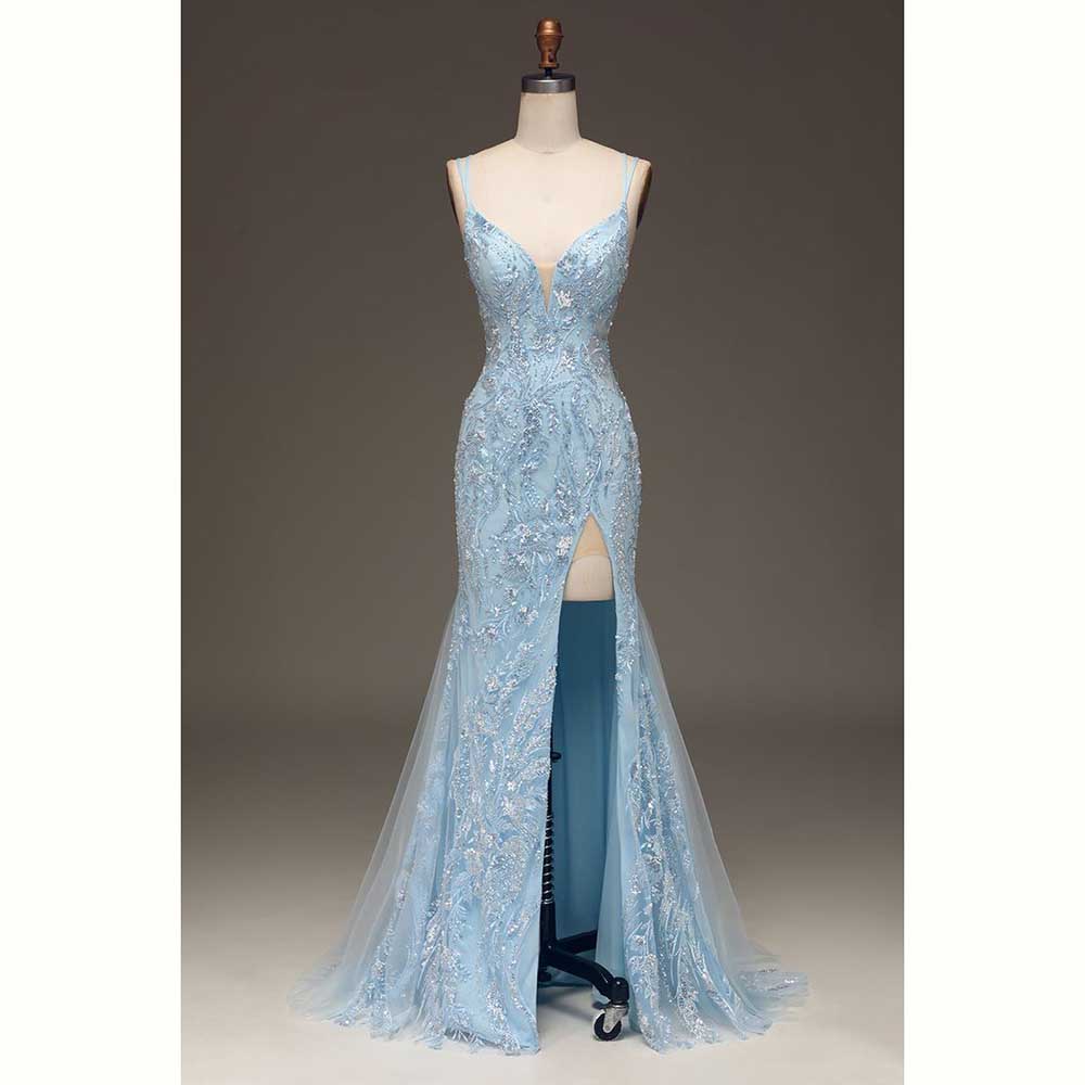 Elegant Light Blue Satin Women - đánh giá và giá Elegant Satin Evening Gown Split