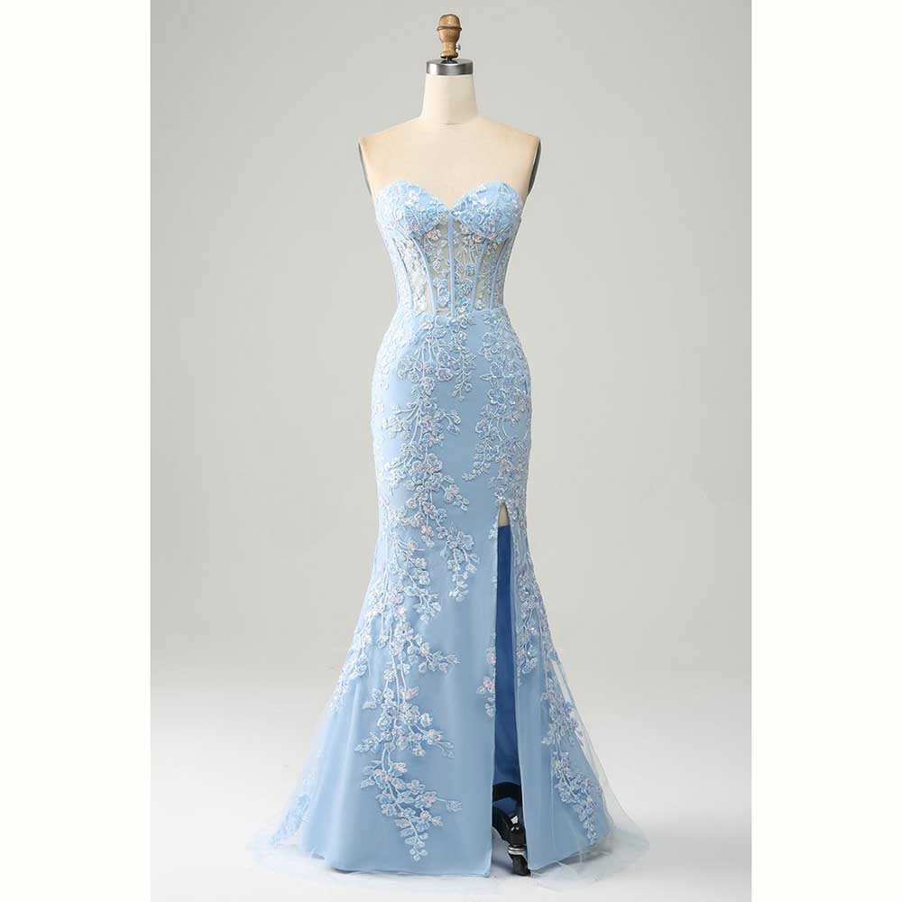 Elegant Light Blue Satin Women - đánh giá và giá Elegant Satin Evening Gown Split