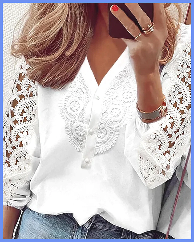 Elegant White Lace Hollow Pane - đánh giá và giá Blouses