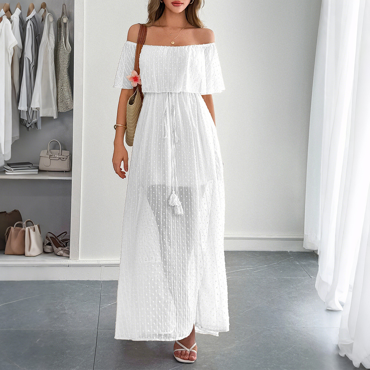Elegant Women's Summer Casual  - đánh giá và giá Off Shoulder Puff Sleeve Sundress