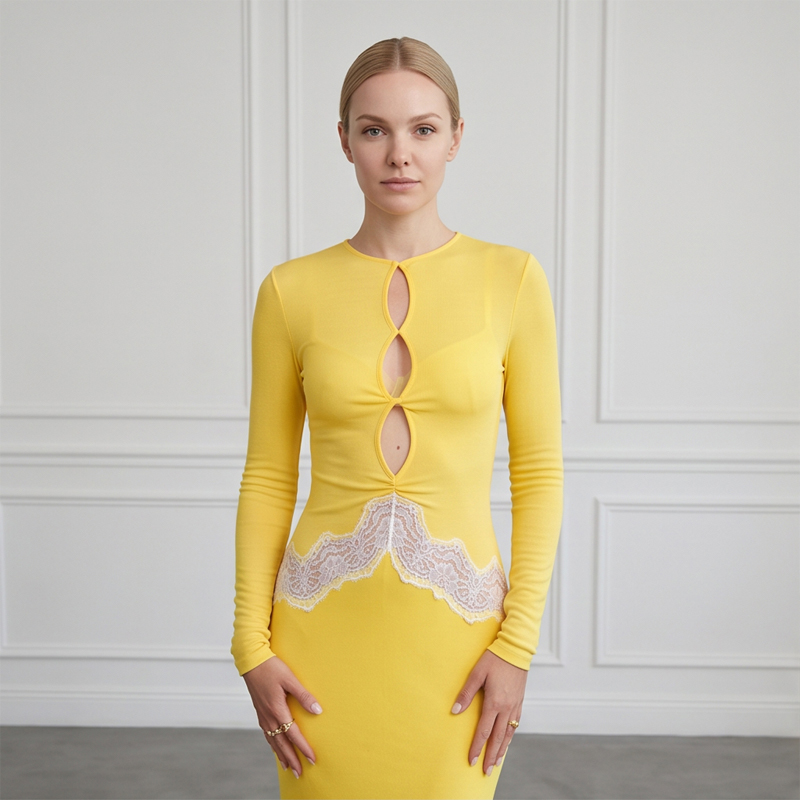 Women Yellow Lace Cutout Long  - đánh giá và giá Bodycon Long Sleeve Ribbed Dress