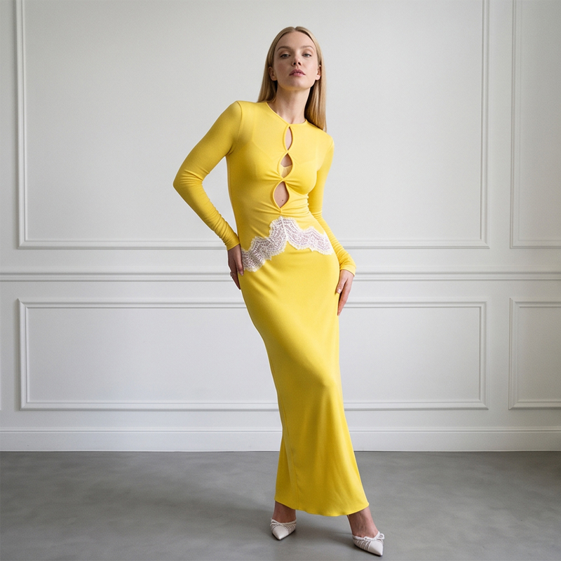 Women Yellow Lace Cutout Long  - đánh giá và giá Bodycon Long Sleeve Ribbed Dress