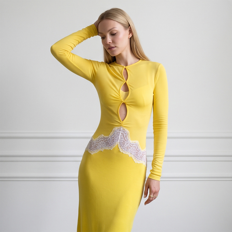Women Yellow Lace Cutout Long  - đánh giá và giá Bodycon Long Sleeve Ribbed Dress