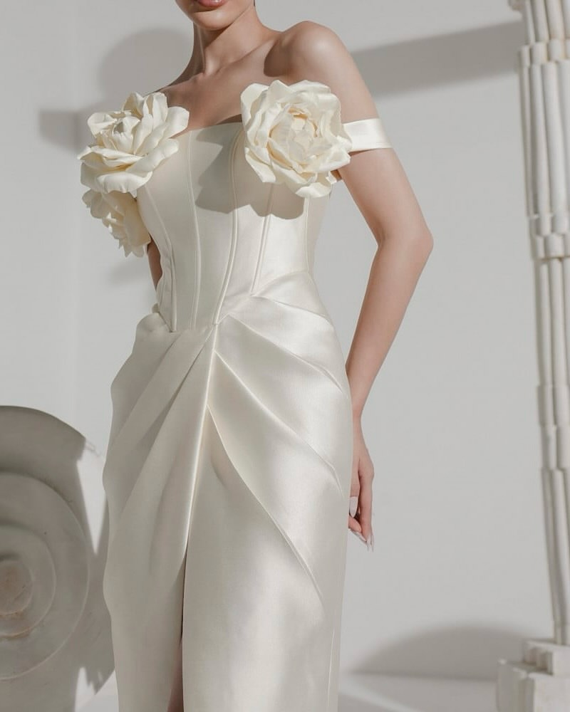 QR Customized Sheath Off The S - đánh giá và giá Elegant Satin Evening Gown Split