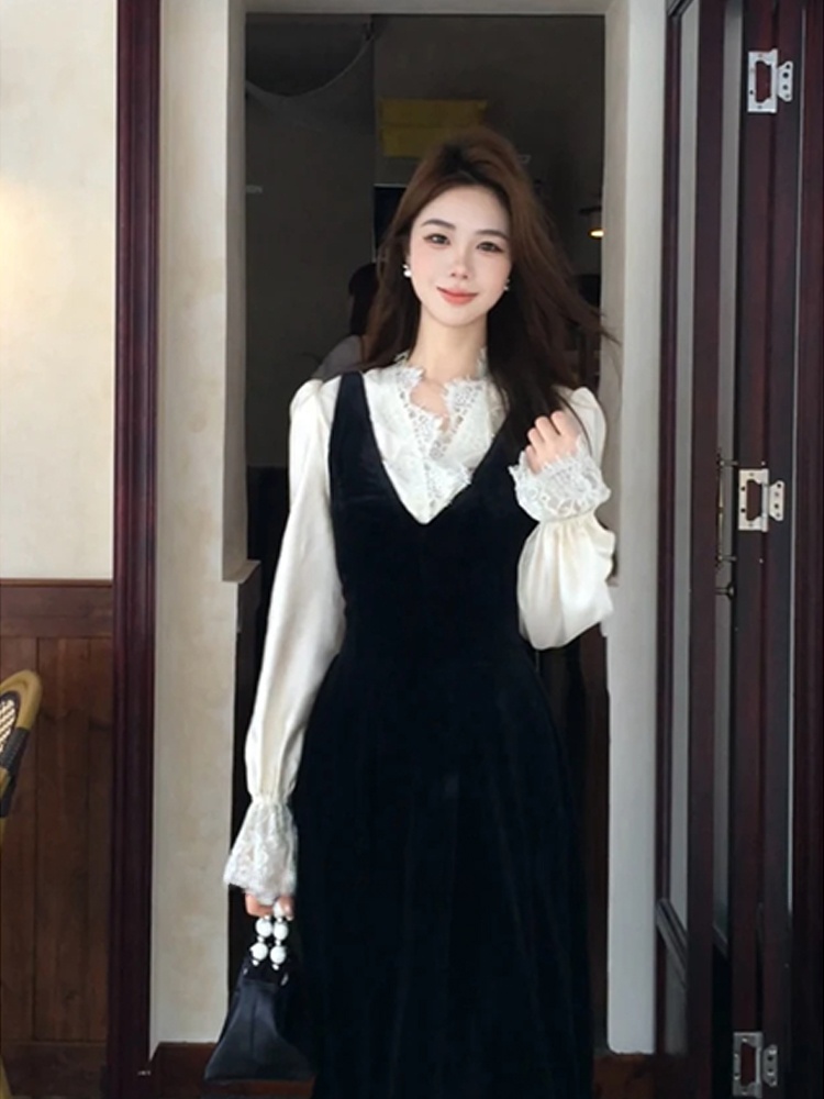 XZY Chic Lace Patchwork Silk S - đánh giá và giá Korean Style A Line Shirt Dress