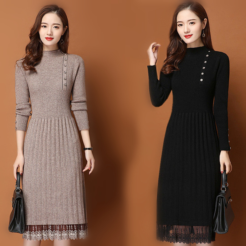Đầm Ren Viền Nút Nữ Thu Đông Á - đánh giá và giá Bodycon Long Sleeve Ribbed Dress