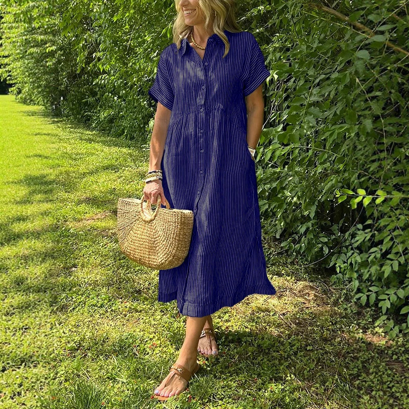 Women Striped Shirt Dress Summ - đánh giá và giá Casual Loose Linen Shirt Dress
