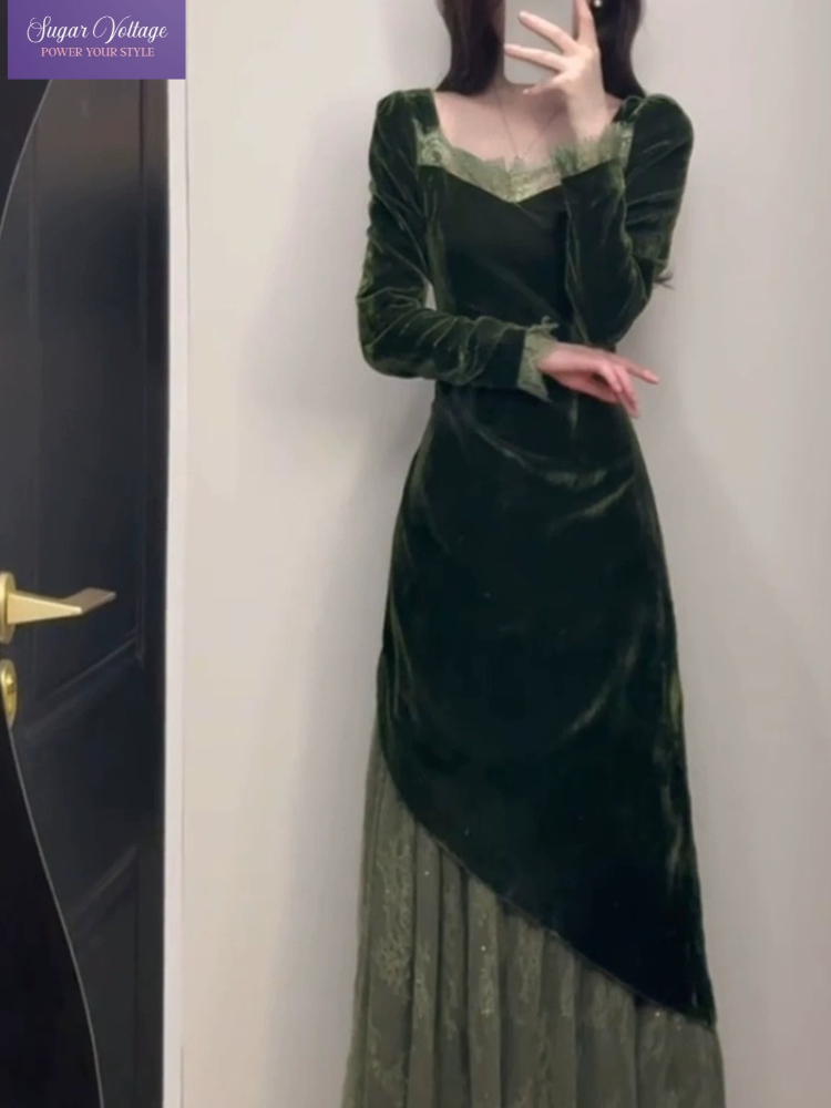 French Vintage Elegant Velvet  - đánh giá và giá French Vintage Floral Midi Dress